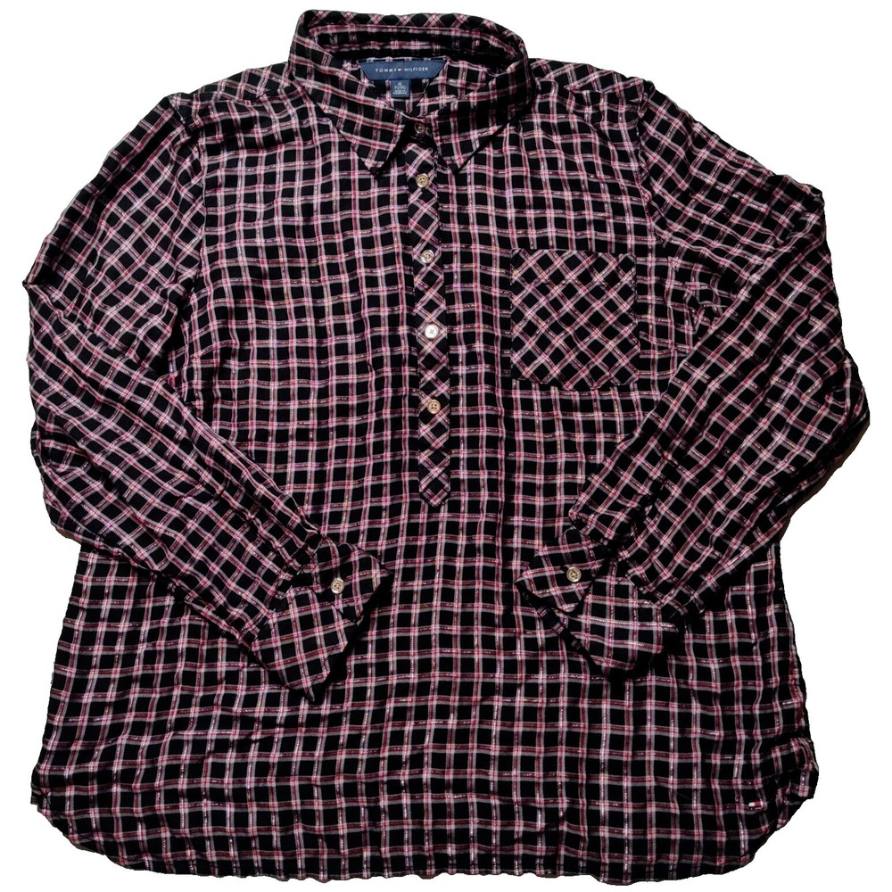 TOMMY HILFIGER Women XL Red Black‎ Silver Thread Plaid 1/2 Button Pullover Tunic